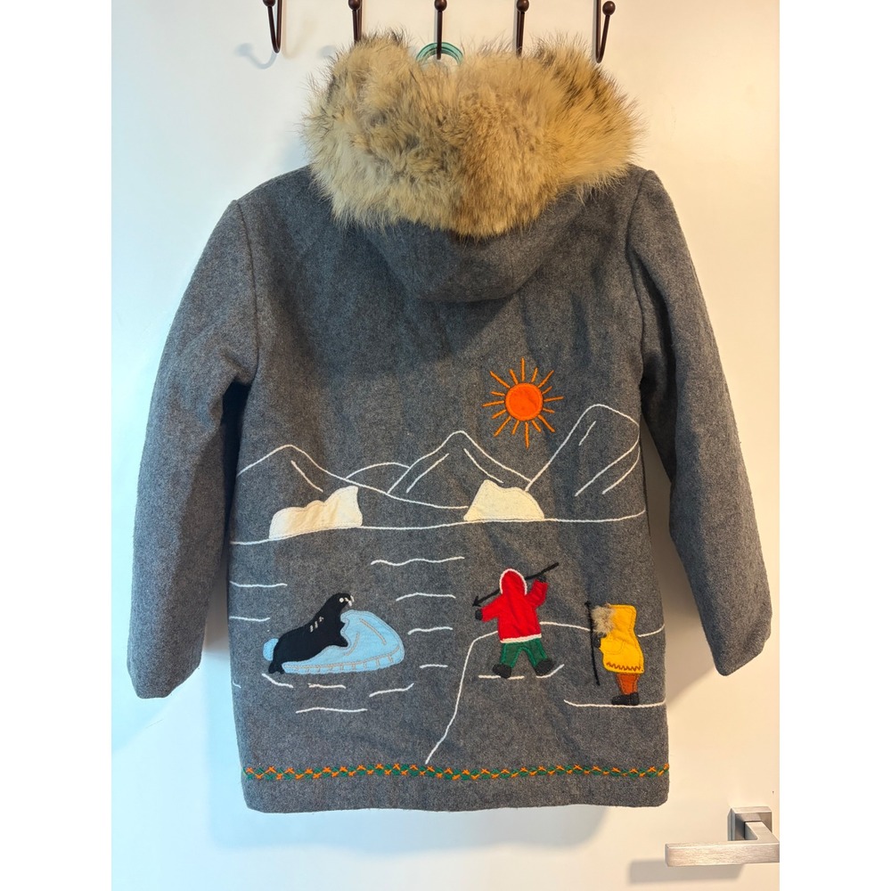 Vintage Embroidered Arctic Scene Wool Parka Hooded Fur Gray Coat Women Inuit